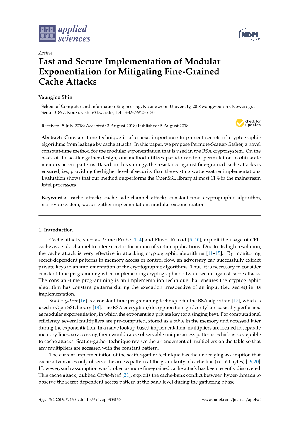 Fast and Secure Implementation of Modular Exponentiation for Mitigating Fine-Grained Cache Attacks