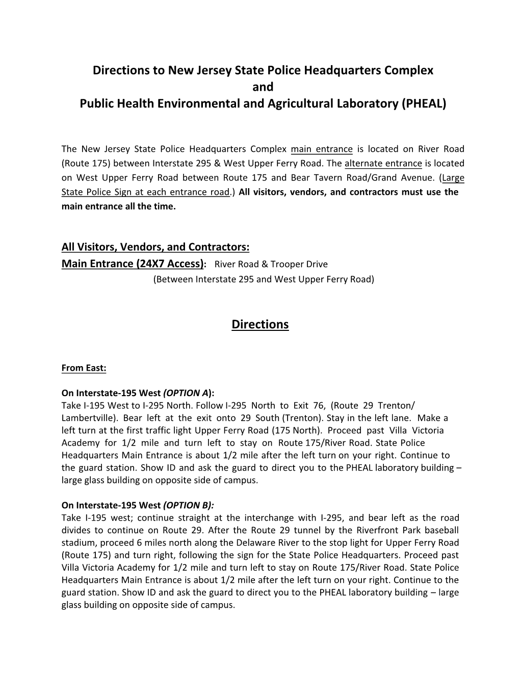 Directions to New Jersey State Police Headquarters Complex and Public Health Environmental and Agricultural Laboratory (PHEAL)