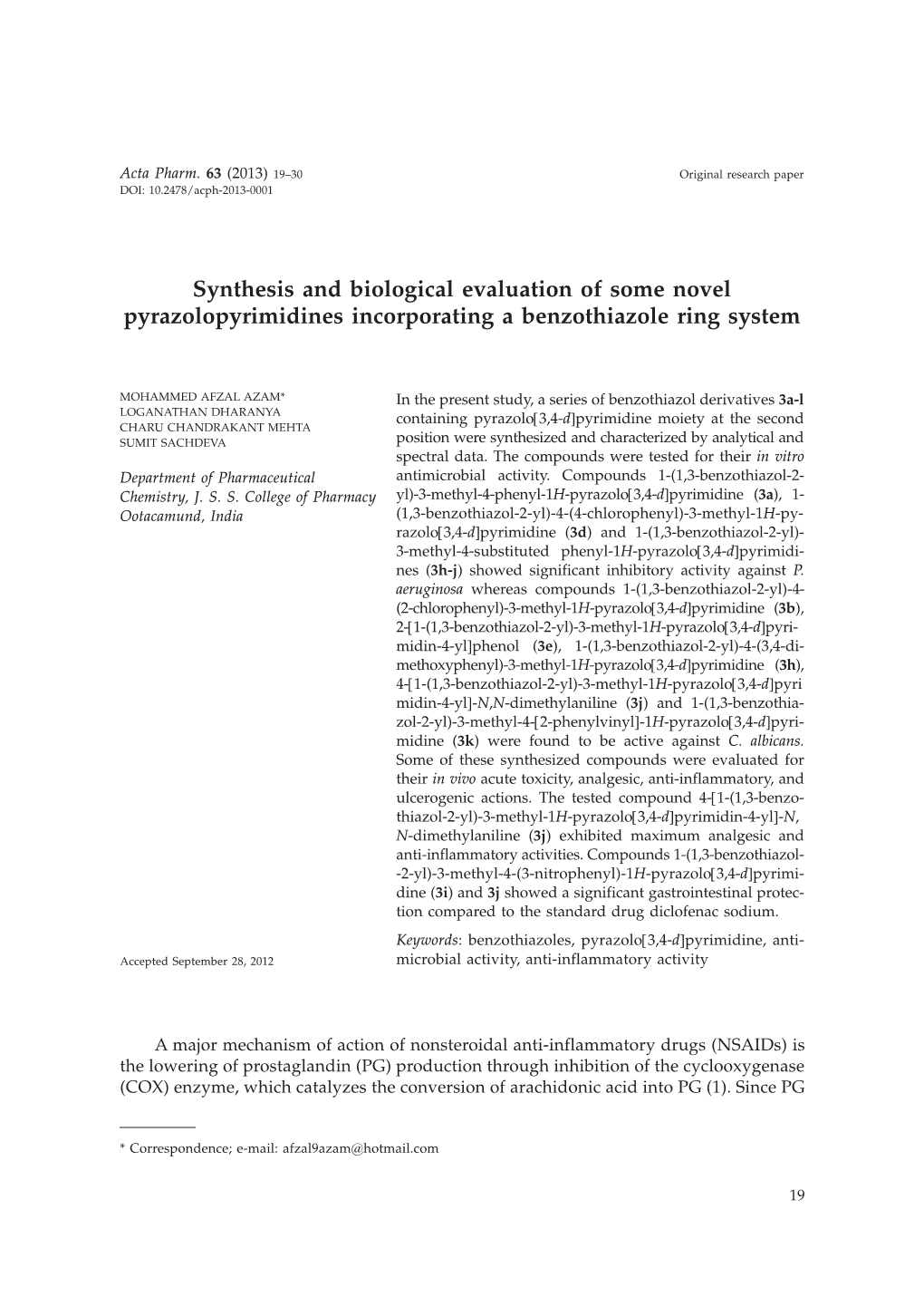 Synthesis and Biological Evaluation of Some Novel Pyrazolopyrimidines Incorporating a Benzothiazole Ring System