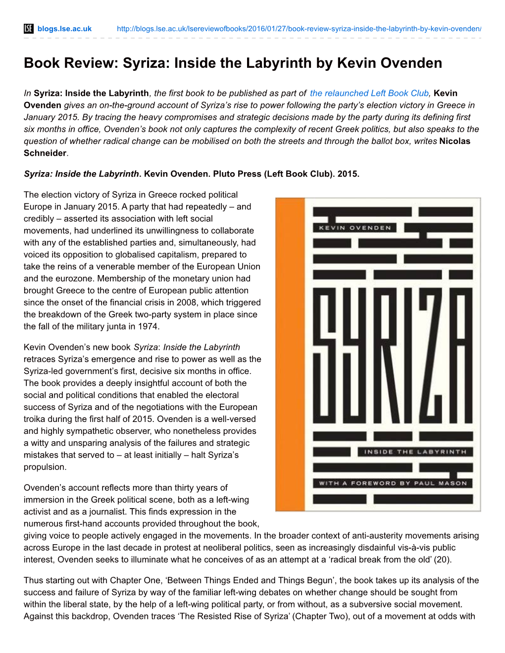 Book Review: Syriza: Inside the Labyrinth by Kevin Ovenden