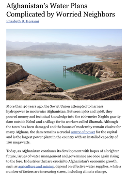 Afghanistan's Water Plans Complicated by Worried Neighbors