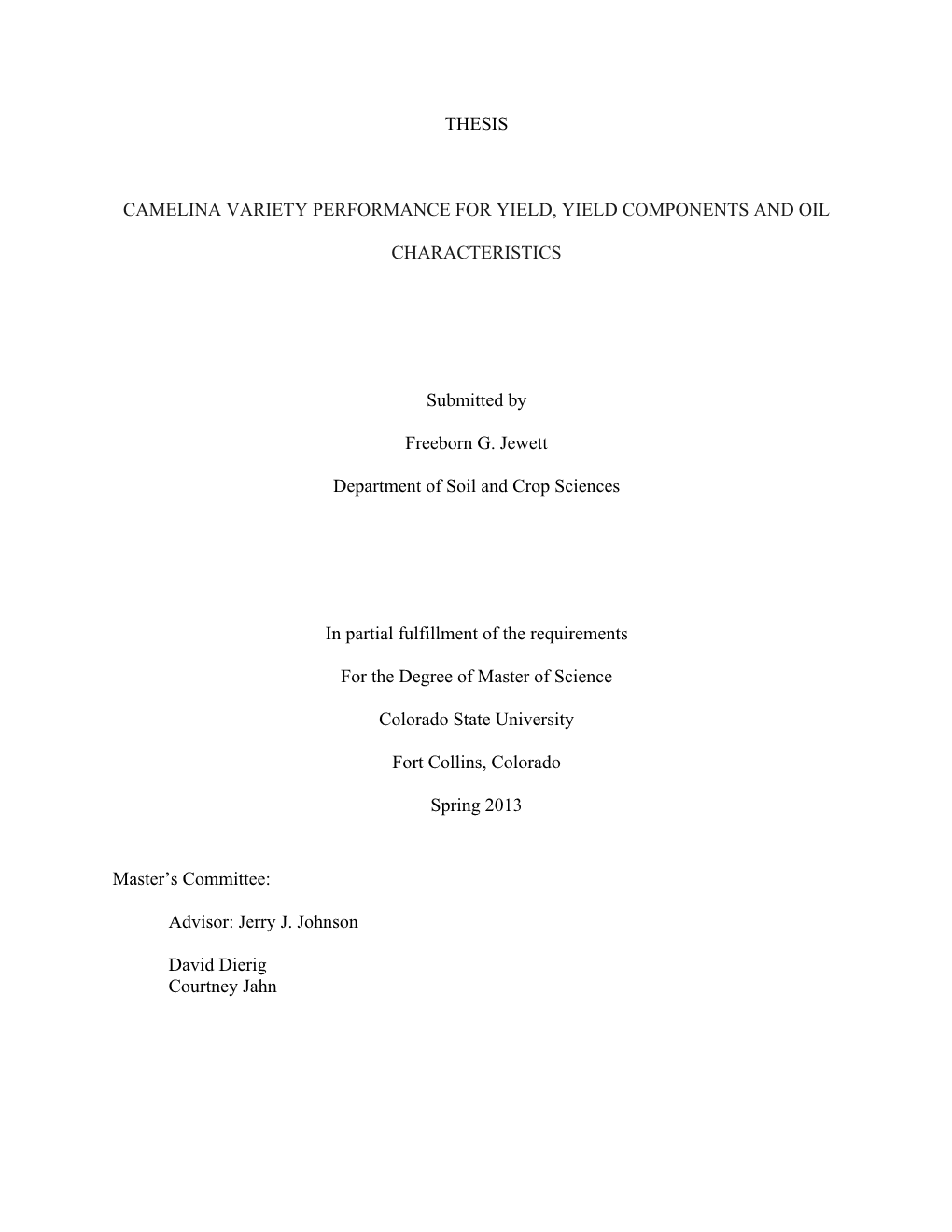 Thesis Camelina Variety Performance for Yield