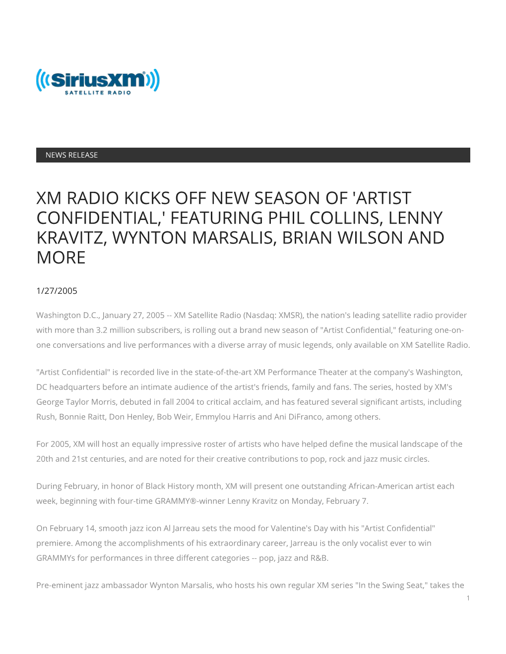 Xm Radio Kicks Off New Season of 'Artist Confidential,' Featuring Phil Collins, Lenny Kravitz, Wynton Marsalis, Brian Wilson and More