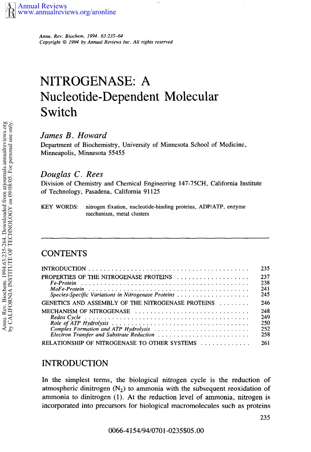 NITROGENASE: a Nucleotide-Dependent Molecular Switch
