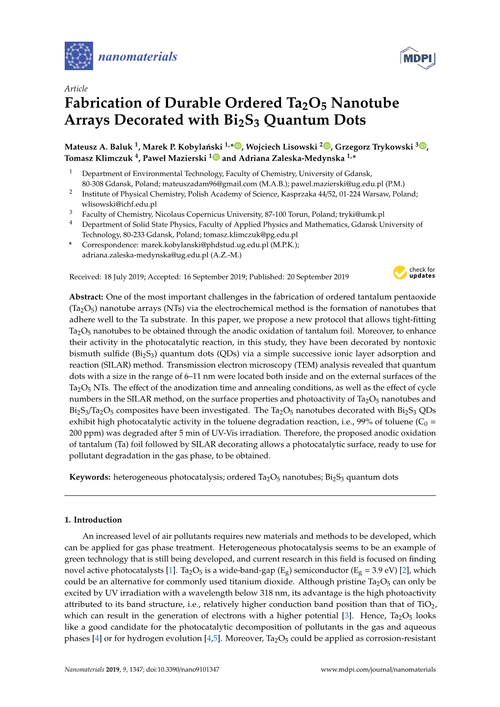 Fabrication of Durable Ordered Ta2o5 Nanotube Arrays Decorated with Bi2s3 Quantum Dots