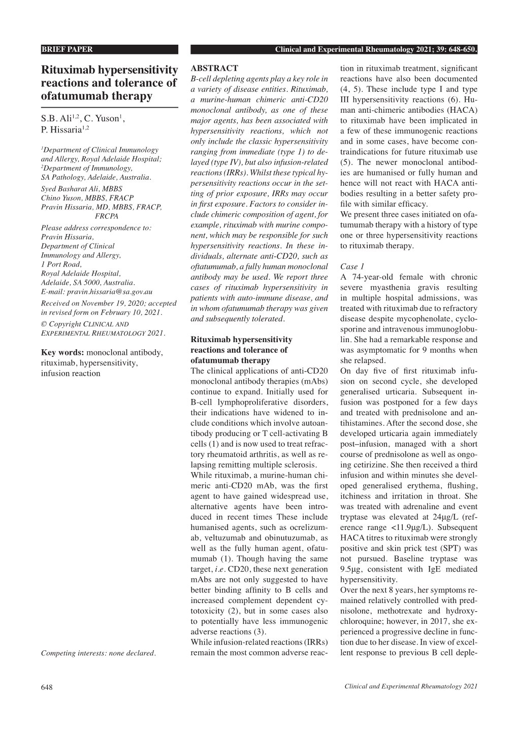 Rituximab Hypersensitivity Reactions and Tolerance of Ofatumumab ...