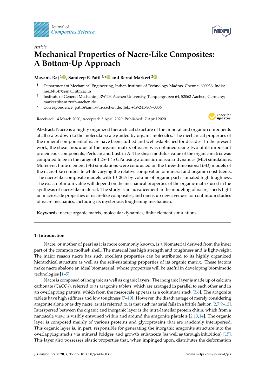 Mechanical Properties of Nacre-Like Composites: a Bottom-Up Approach