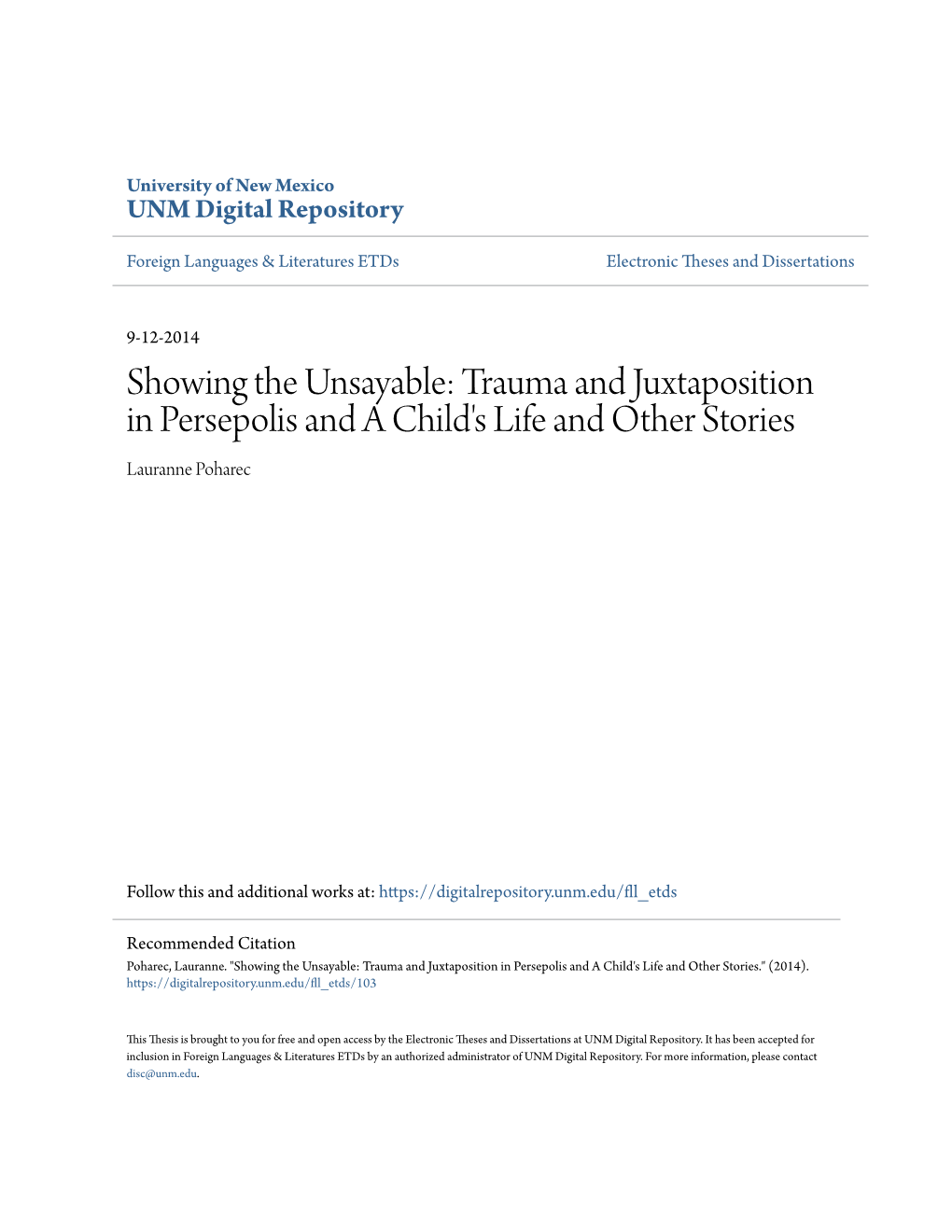 Trauma and Juxtaposition in Persepolis and a Child's Life and Other Stories Lauranne Poharec