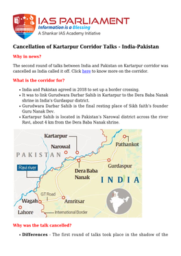 Cancellation of Kartarpur Corridor Talks - India-Pakistan