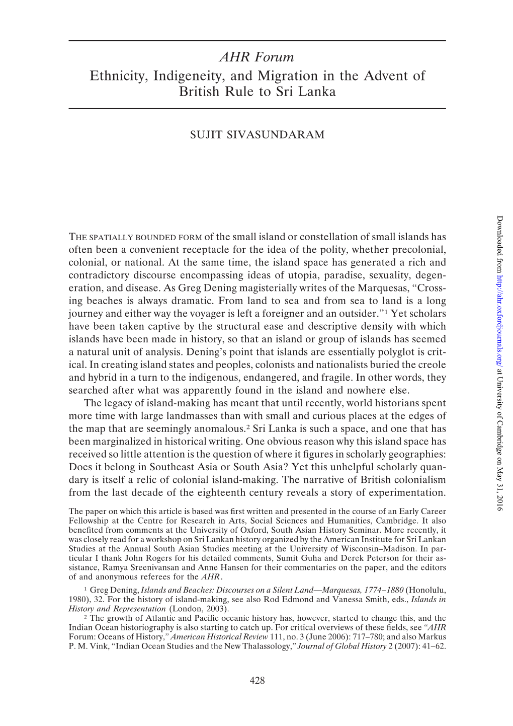 AHR Forum Ethnicity, Indigeneity, and Migration in the Advent of British Rule to Sri Lanka