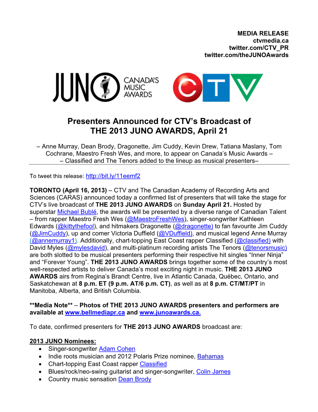 Presenters Announced for CTV's Broadcast of the 2013 JUNO