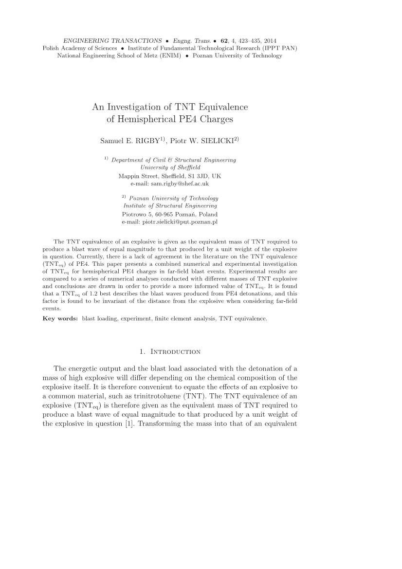 An Investigation of TNT Equivalence of Hemispherical PE4 Charges