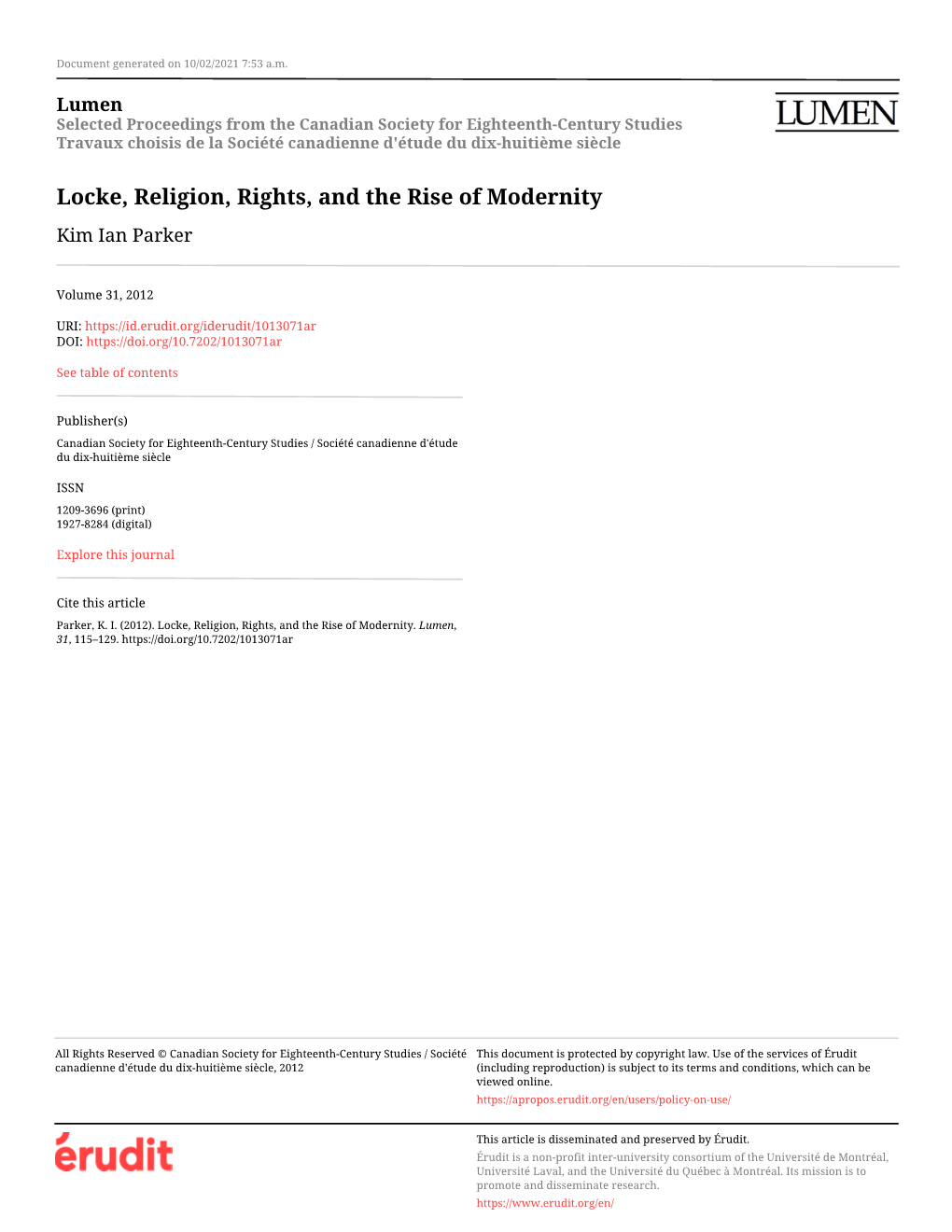 Locke, Religion, Rights, and the Rise of Modernity Kim Ian Parker