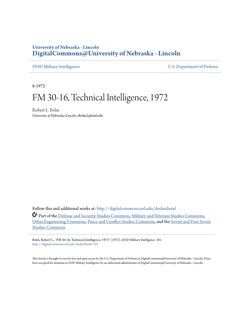 FM 30-16, Technical Intelligence, 1972 Robert L