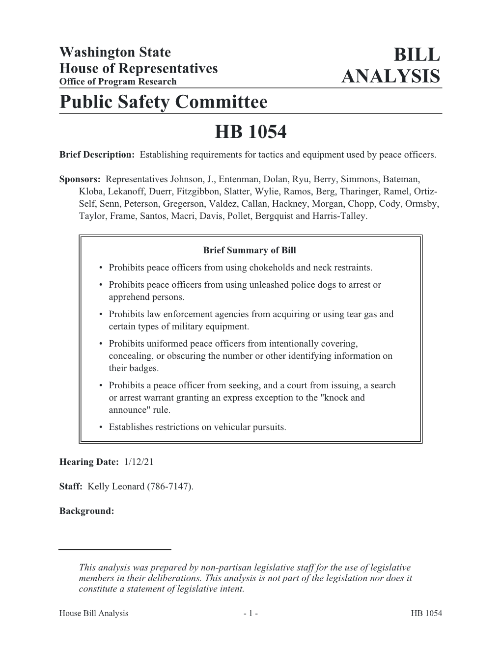 BILL ANALYSIS Public Safety Committee HB 1054