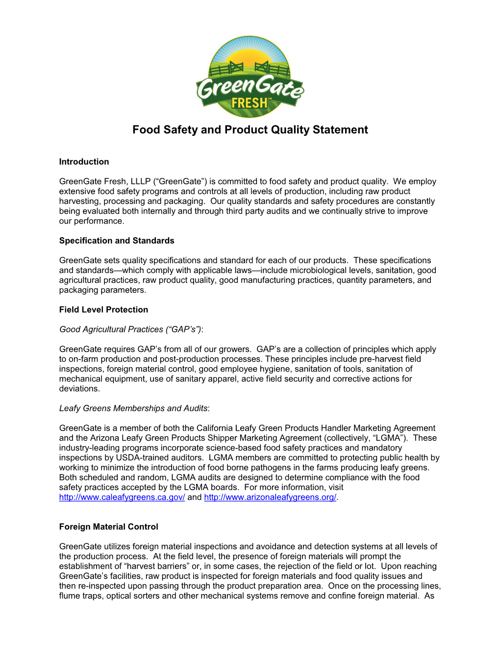 Food Safety and Product Quality Statement