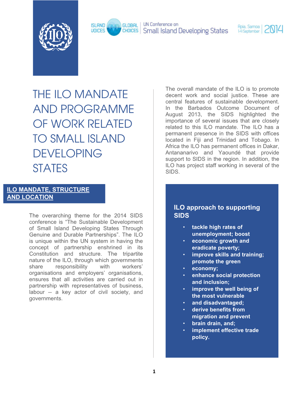 The ILO Mandate and Programme of Work Related to Small Island