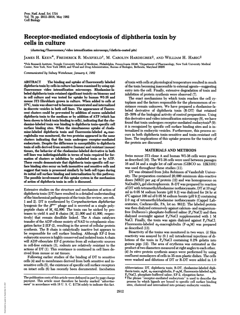 Receptor-Mediated Endocytosis of Diphtheria Toxin by Cells in Culture (Clustering/Fluorescence/Video Intensification Microscopy/Clathrin-Coated Pits) JAMES H