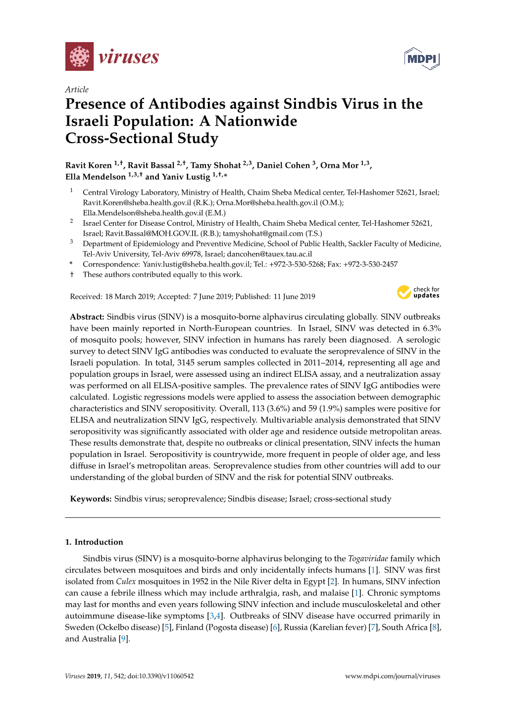 Presence of Antibodies Against Sindbis Virus in the Israeli Population: a Nationwide Cross-Sectional Study