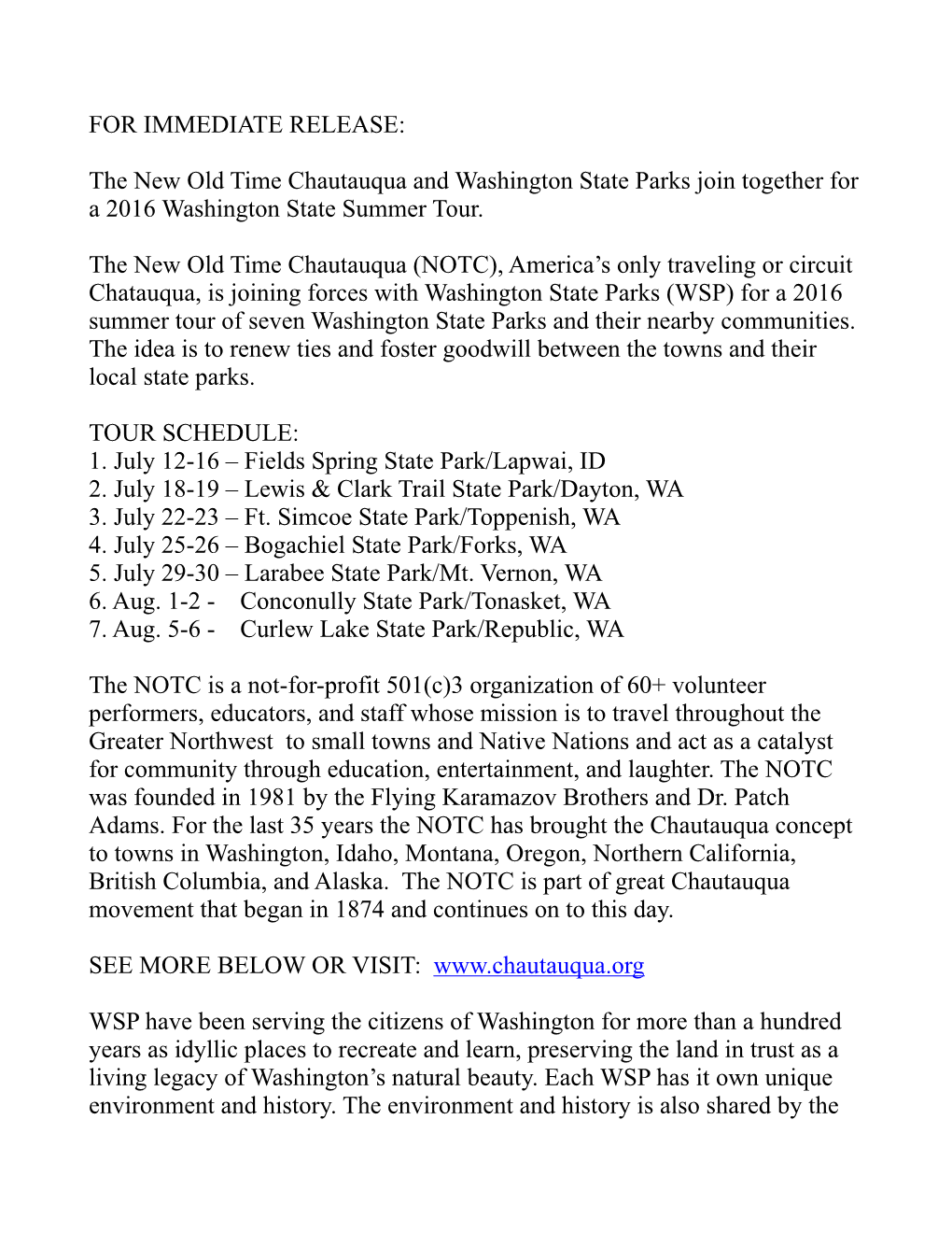 For Immediate Release 2016 Wsp Tour Release