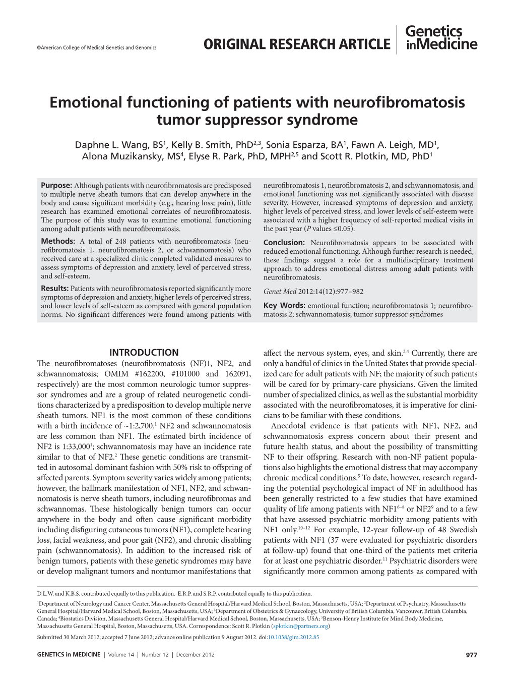 Emotional Functioning of Patients with Neurofibromatosis Tumor Suppressor Syndrome
