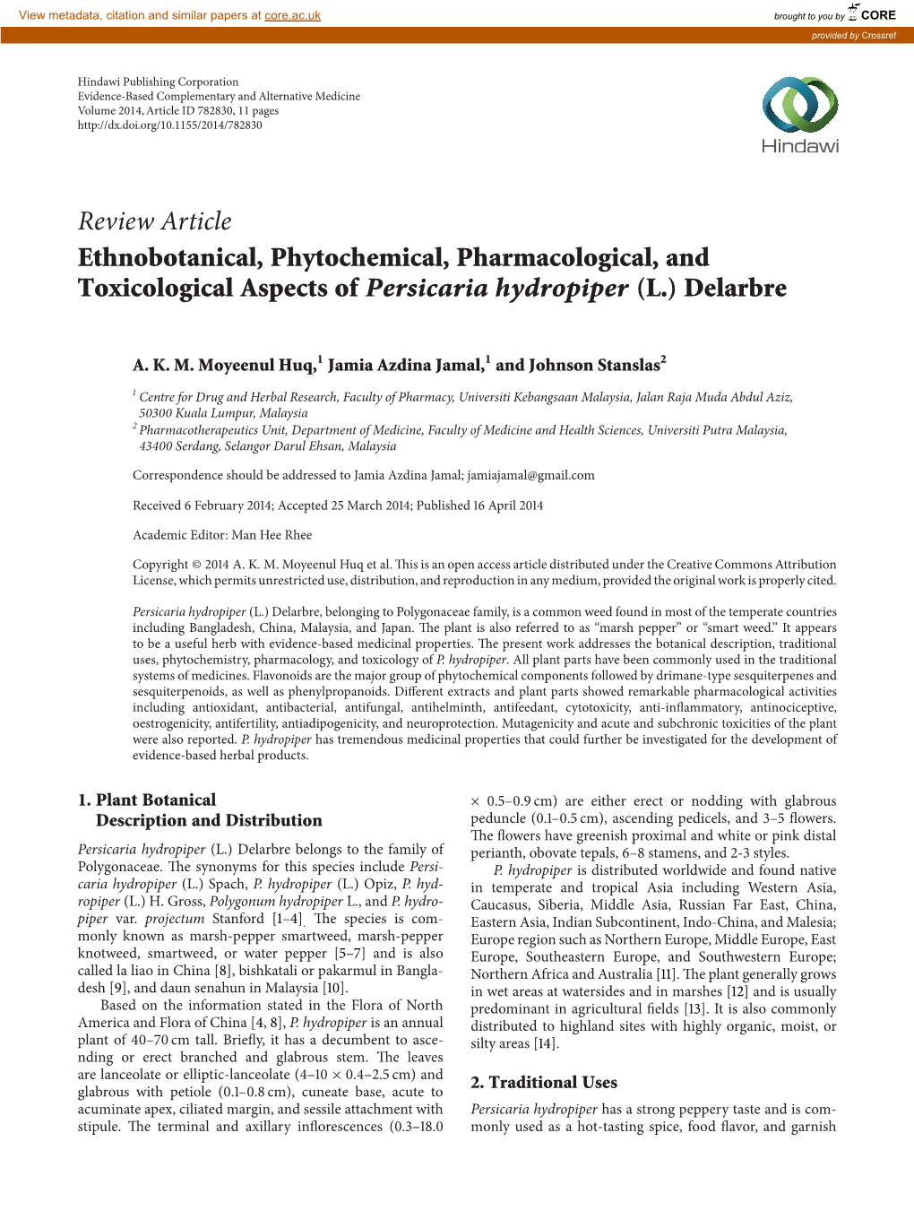 Review Article Ethnobotanical, Phytochemical, Pharmacological, and Toxicological Aspects of Persicaria Hydropiper (L.) Delarbre