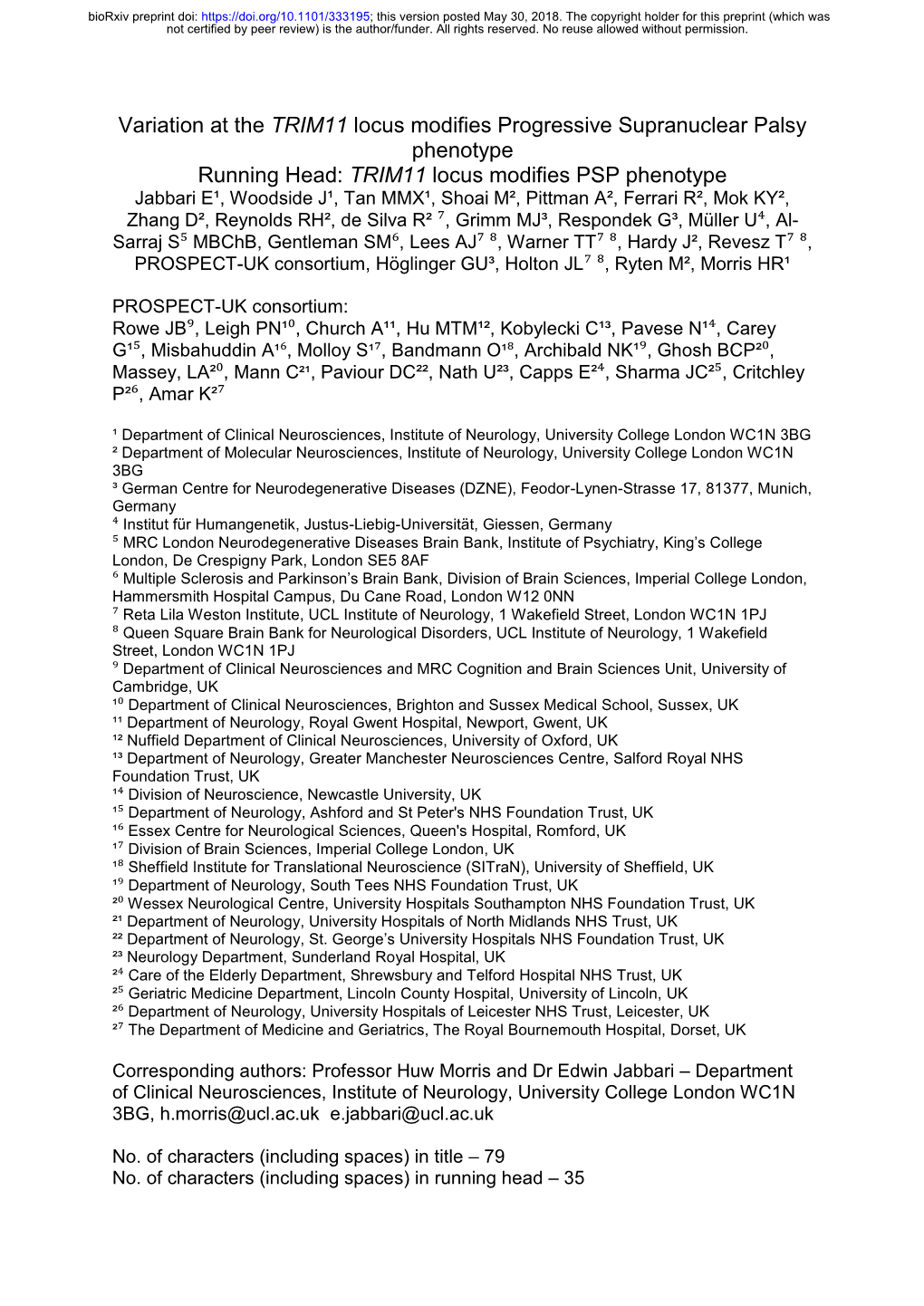 Variation at the TRIM11 Locus Modifies Progressive Supranuclear Palsy