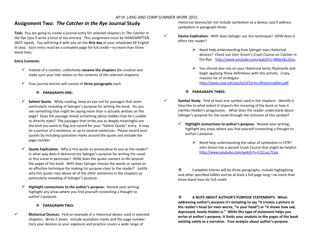 Assignment Two: the Catcher in the Rye Journal Study