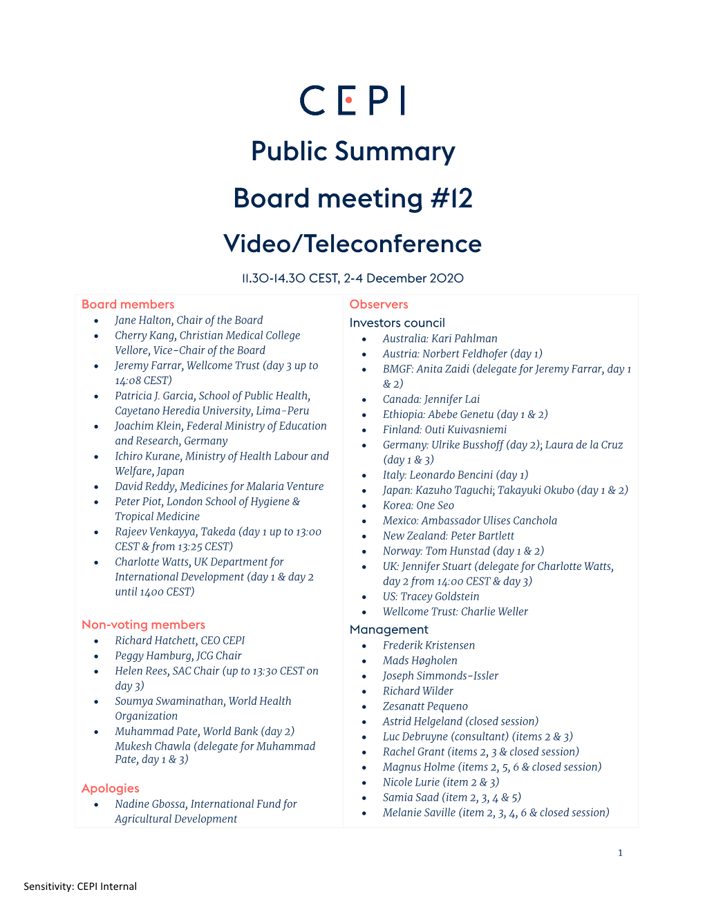 Public Summary Board Meeting #12 Video/Teleconference