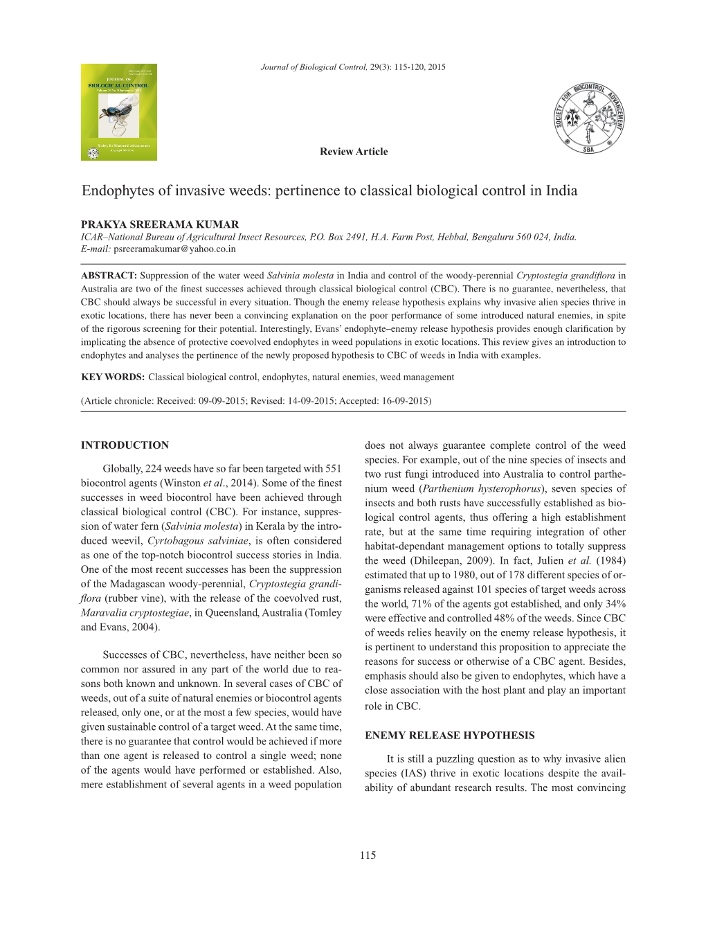 Endophytes of Invasive Weeds: Pertinence to Classical Biological Control in India