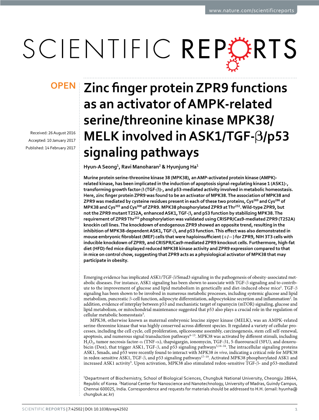 Zinc Finger Protein ZPR9 Functions As an Activator of AMPK-Related Serine