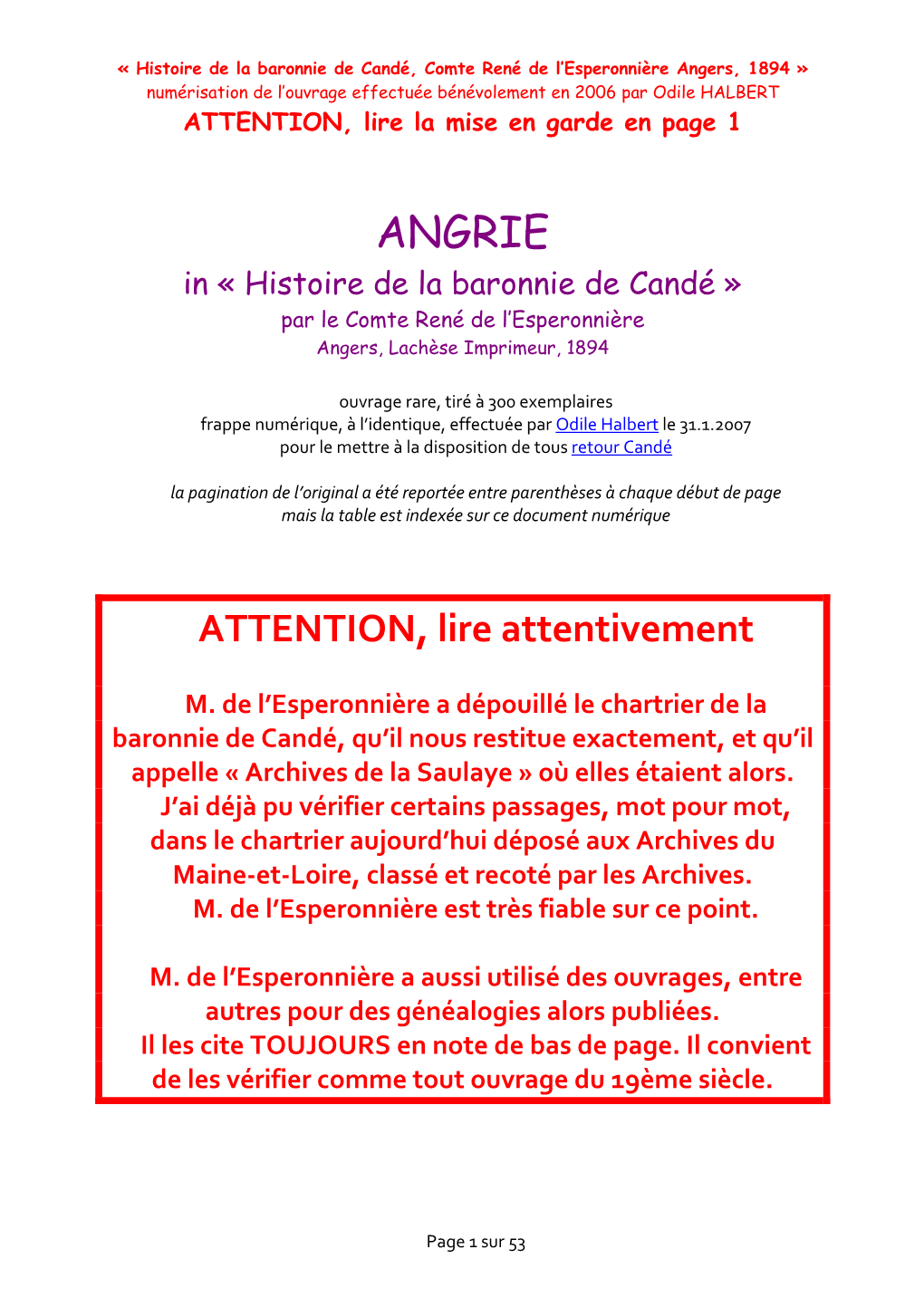 ANGRIE in « Histoire De La Baronnie De Candé » Par Le Comte René De L’Esperonnière Angers, Lachèse Imprimeur, 1894