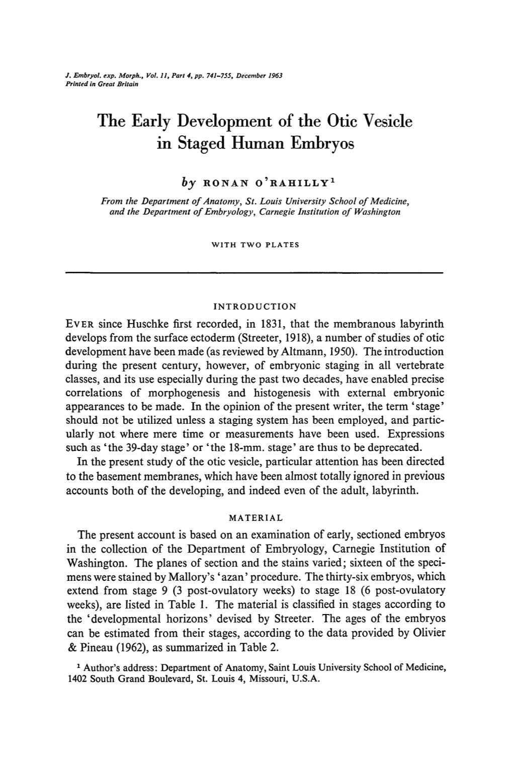 The Early Development of the Otic Vesicle in Staged Human Embryos