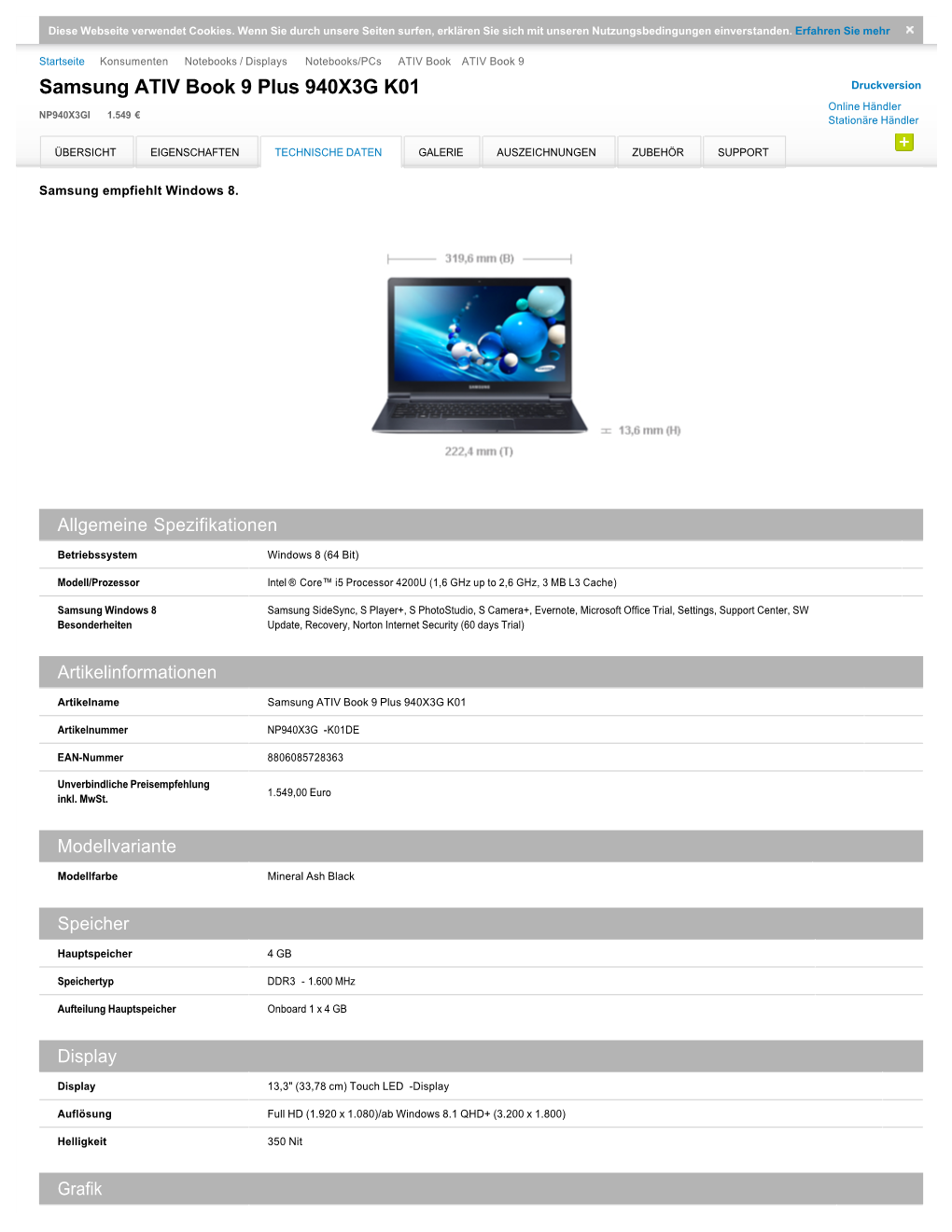 Samsung ATIV Book 9 Plus 940X3G K01 Druckversion Online Händler