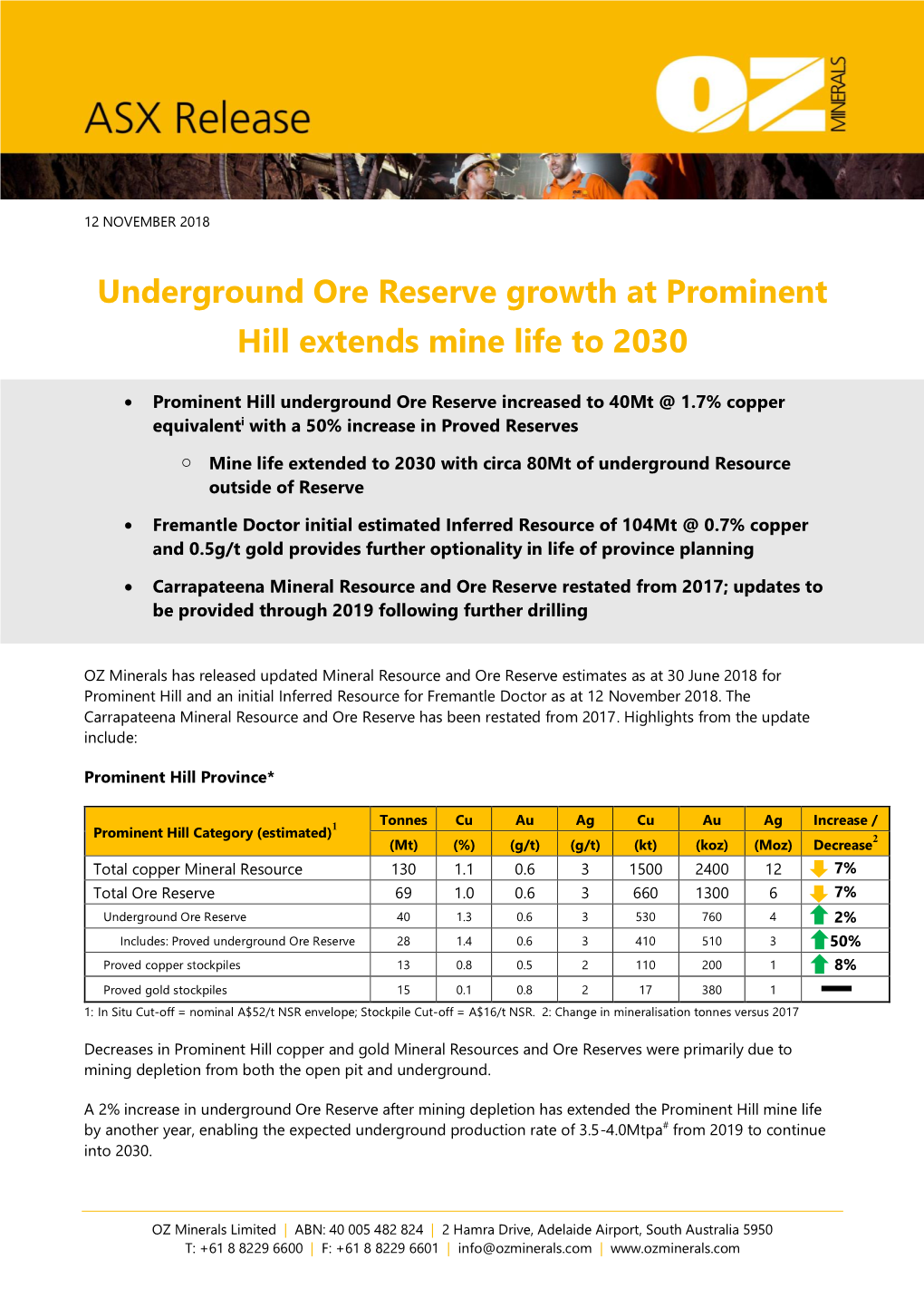 Underground Ore Reserve Growth at Prominent Hill Extends Mine Life to 2030