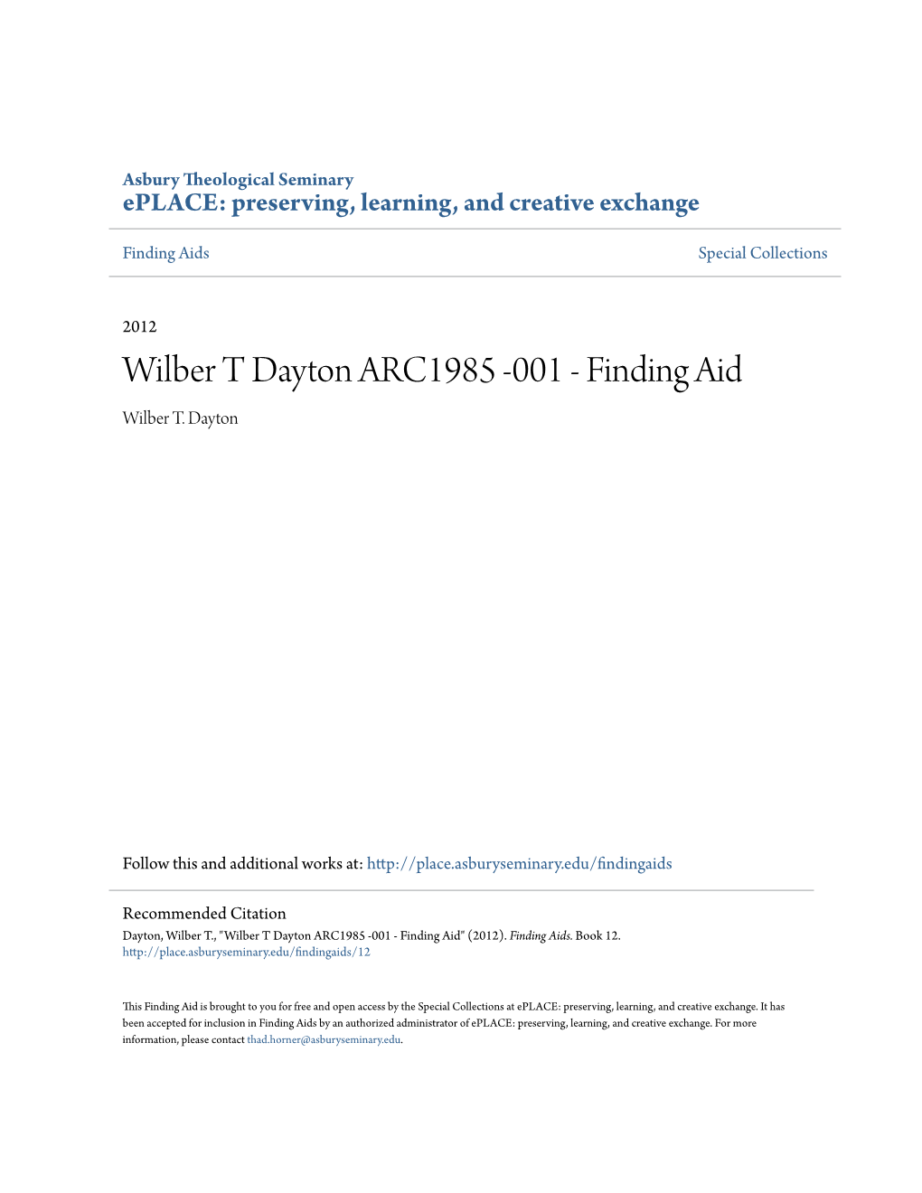 Wilber T Dayton ARC1985 -001 - Finding Aid Wilber T