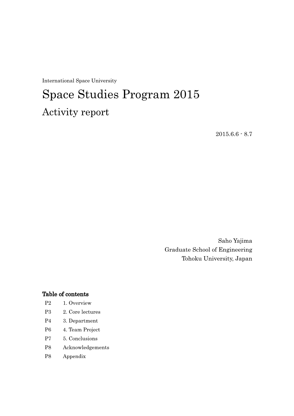 Space Studies Program 2015 Activity Report