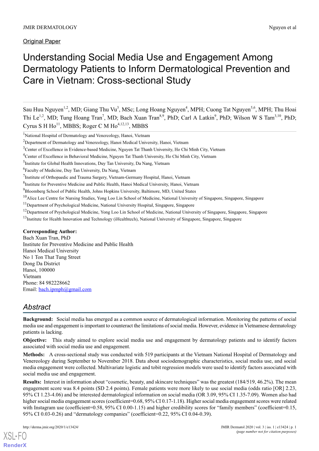 Understanding Social Media Use and Engagement Among Dermatology Patients to Inform Dermatological Prevention and Care in Vietnam: Cross-Sectional Study