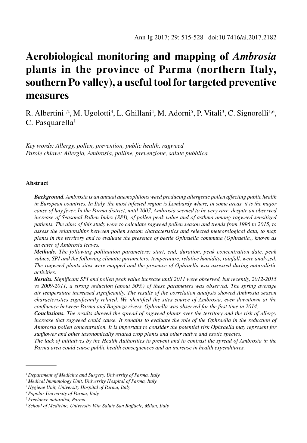 Aerobiological Monitoring and Mapping of Ambrosia Plants in the Province of Parma (Northern Italy, Southern Po Valley), a Useful Tool for Targeted Preventive Measures