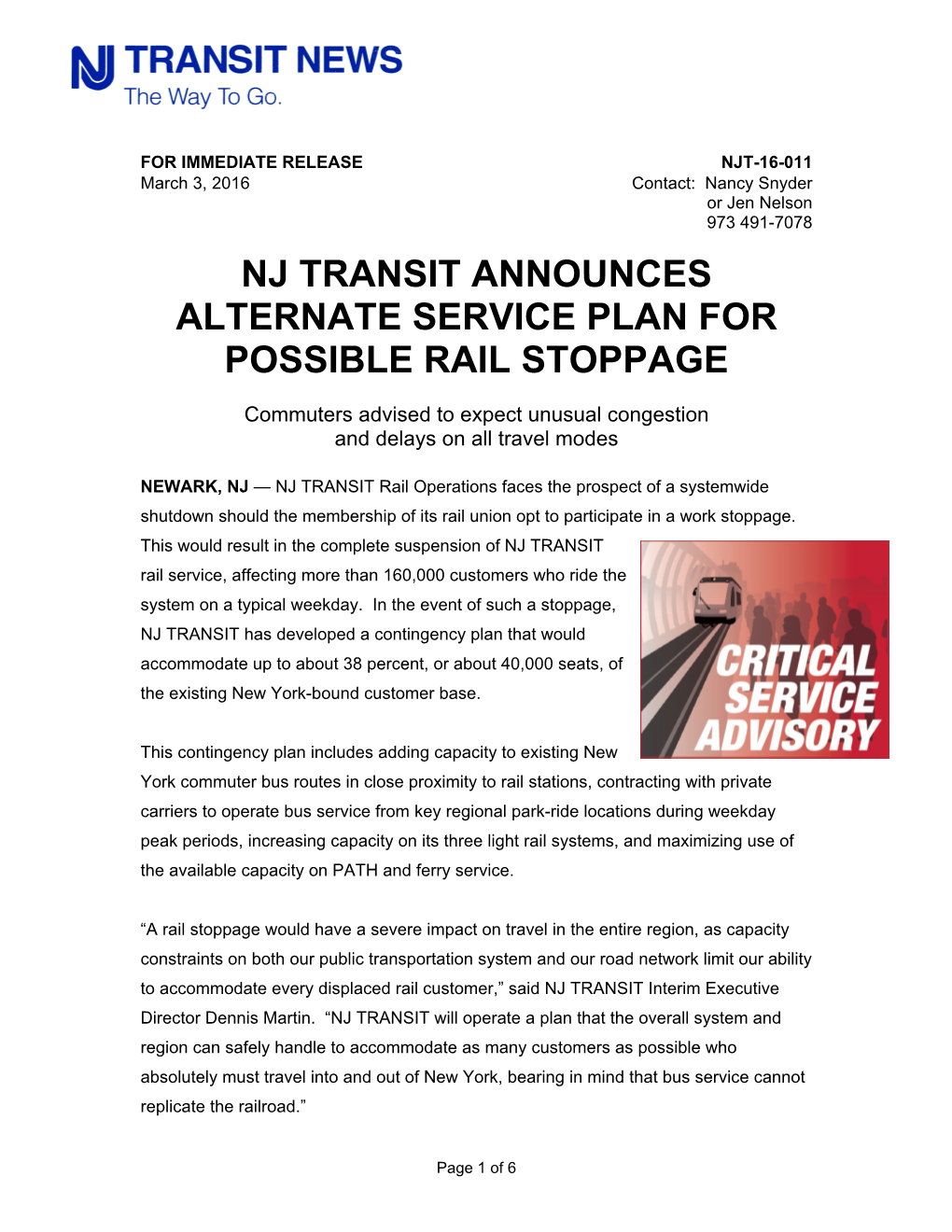 Nj Transit Announces Alternate Service Plan for Possible Rail Stoppage