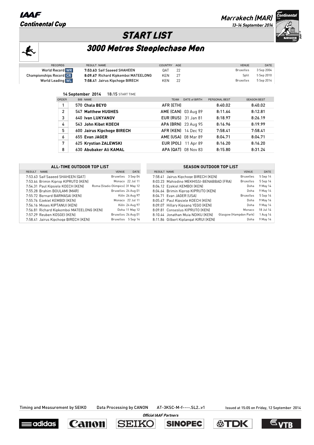 START LIST 3000 Metres Steeplechase Men