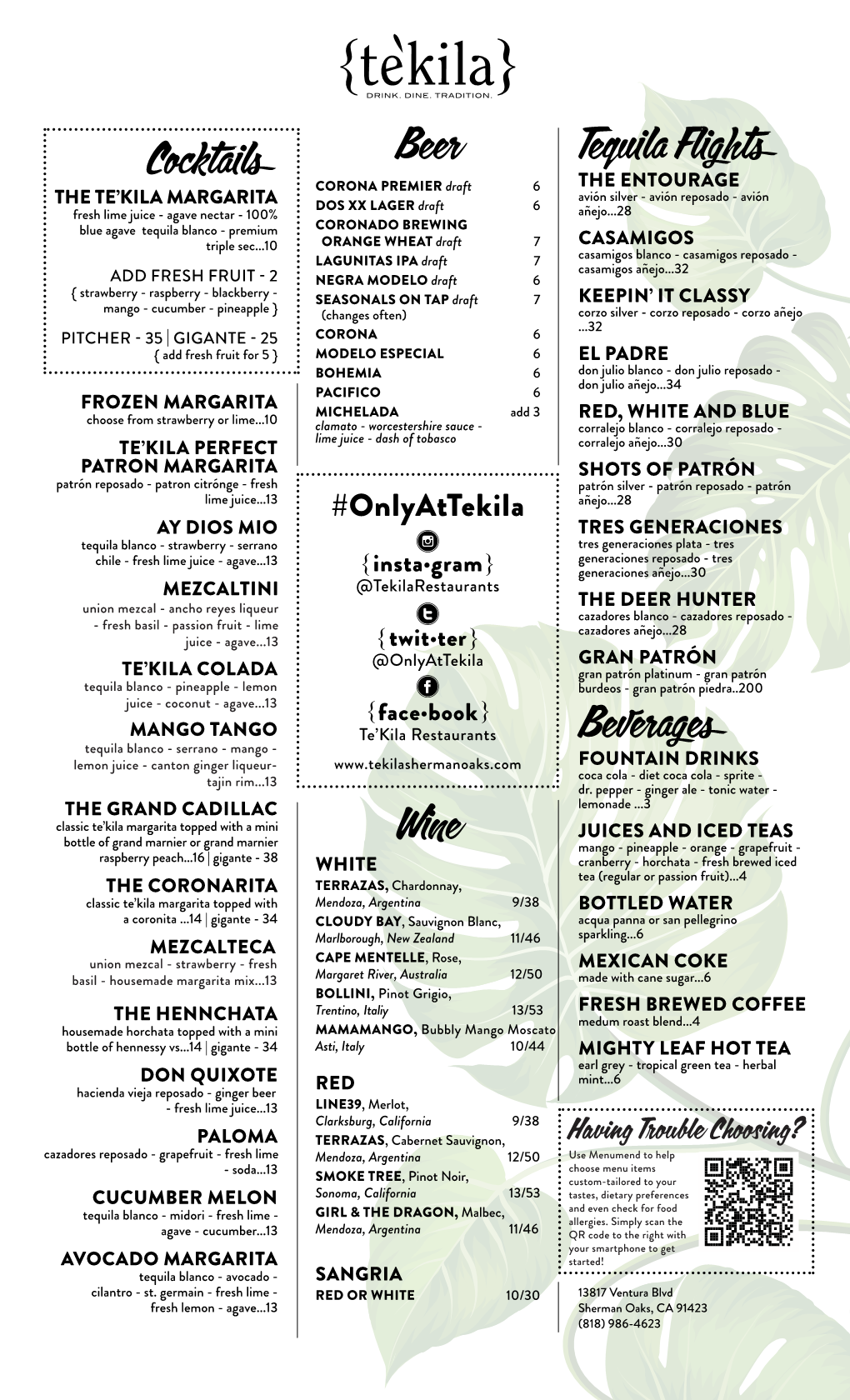 Te'kila Sherman Oaks Menu 2019 Drinks