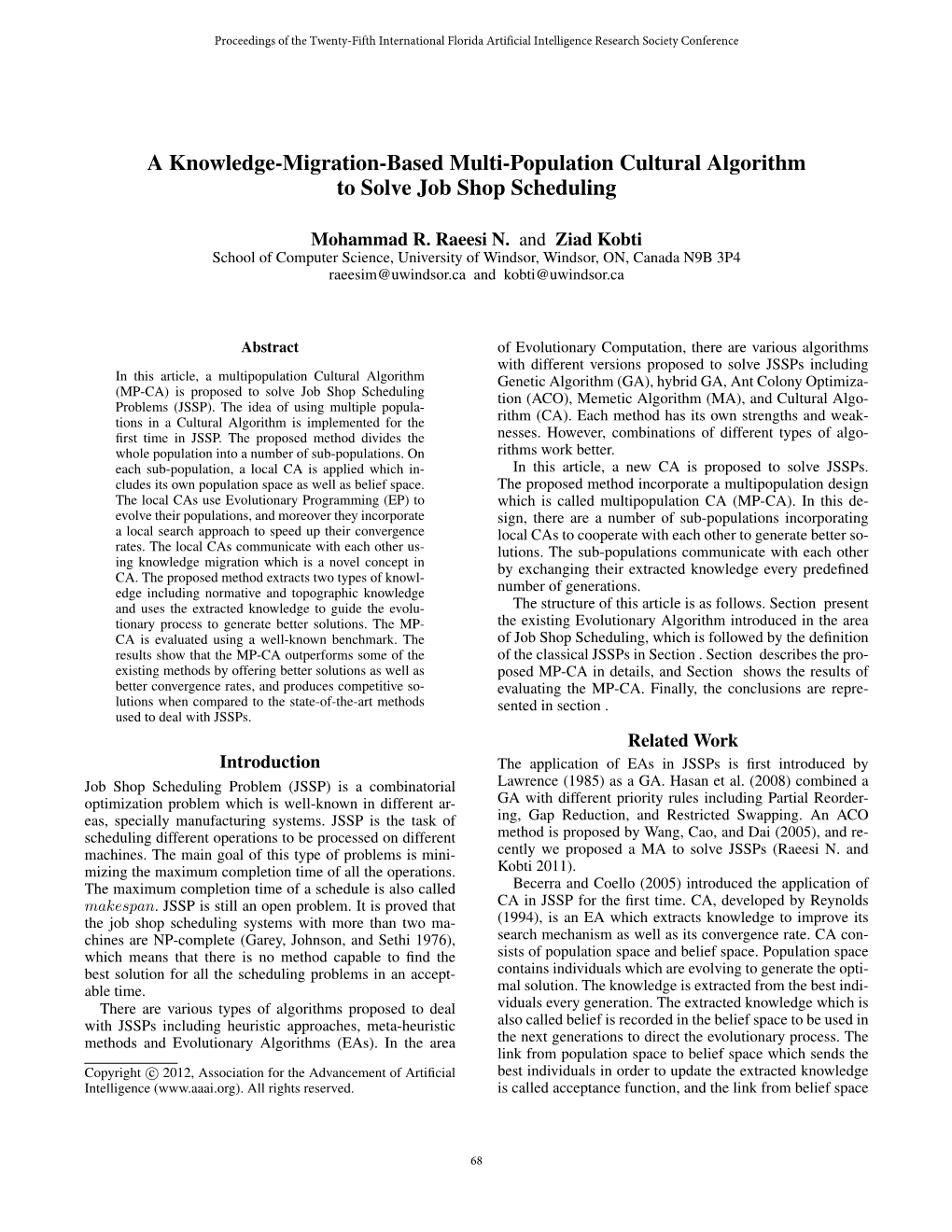 A Knowledge-Migration-Based Multi-Population Cultural Algorithm to Solve Job Shop Scheduling