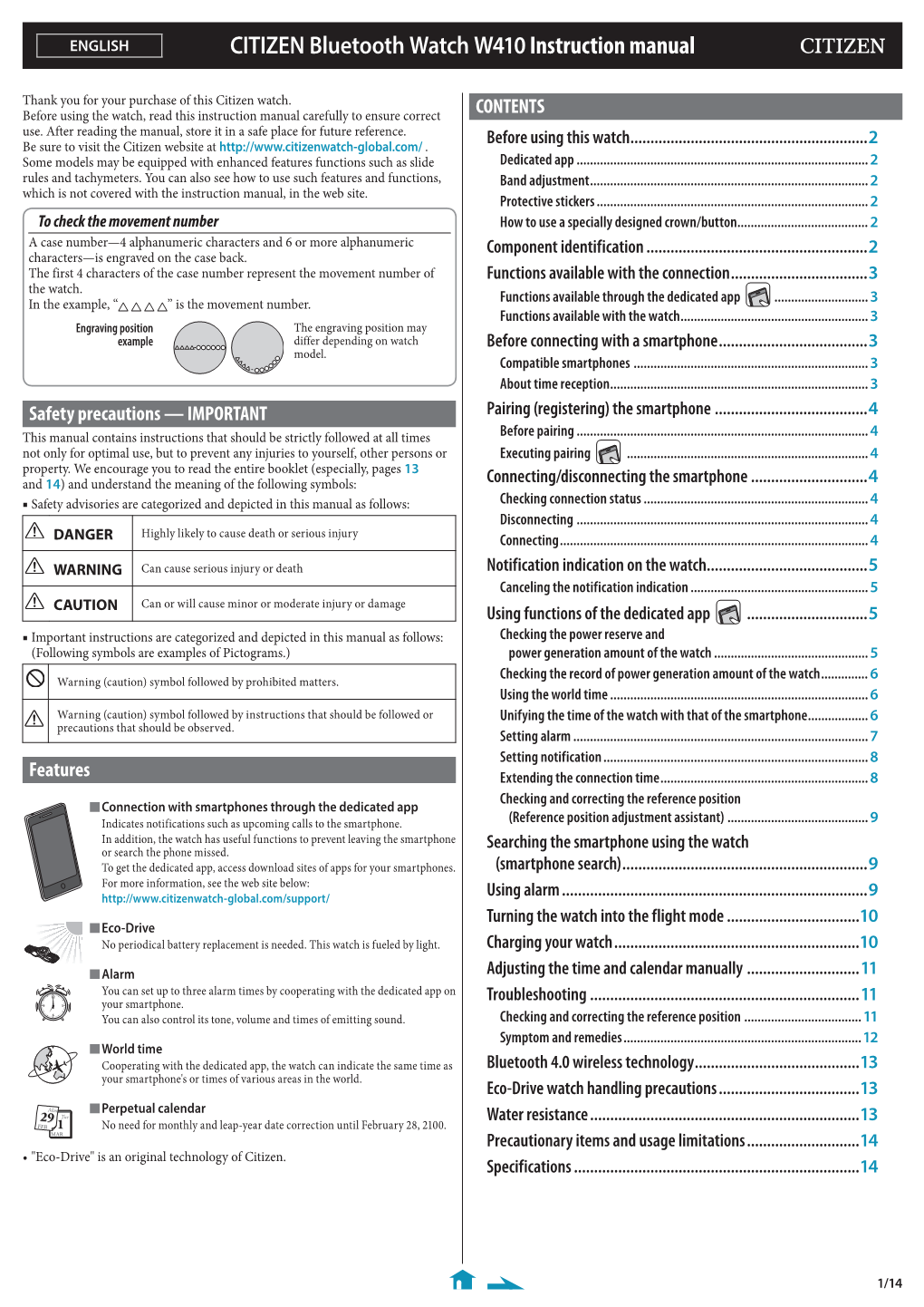 CITIZEN Bluetooth Watch W410 Instruction Manual