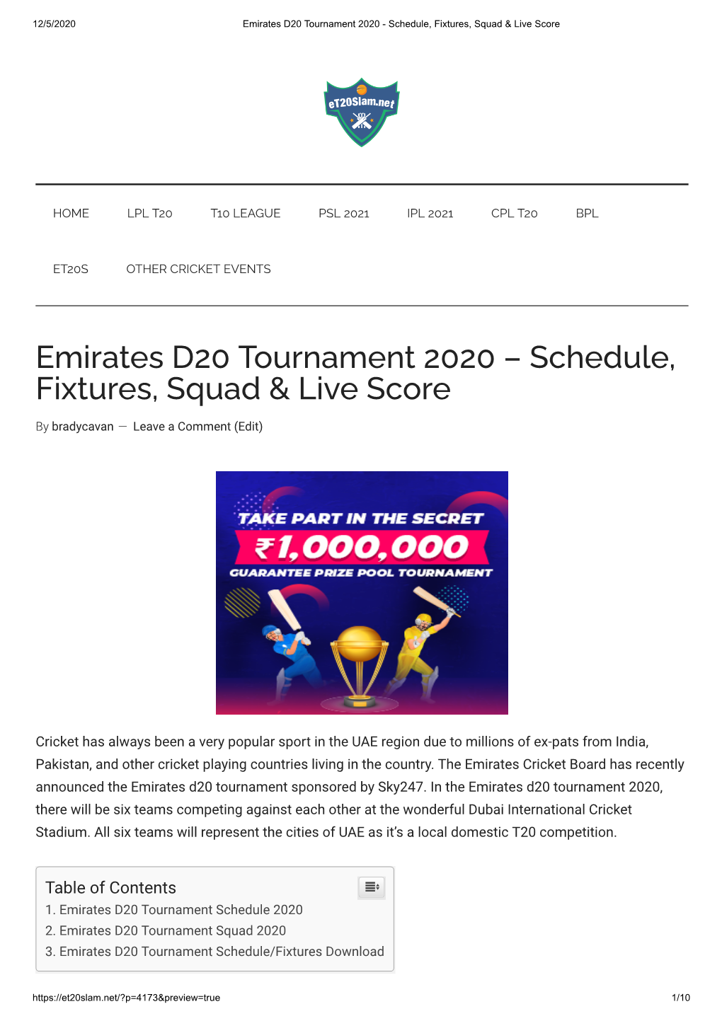 Emirates D20 Tournament 2020 - Schedule, Fixtures, Squad & Live Score