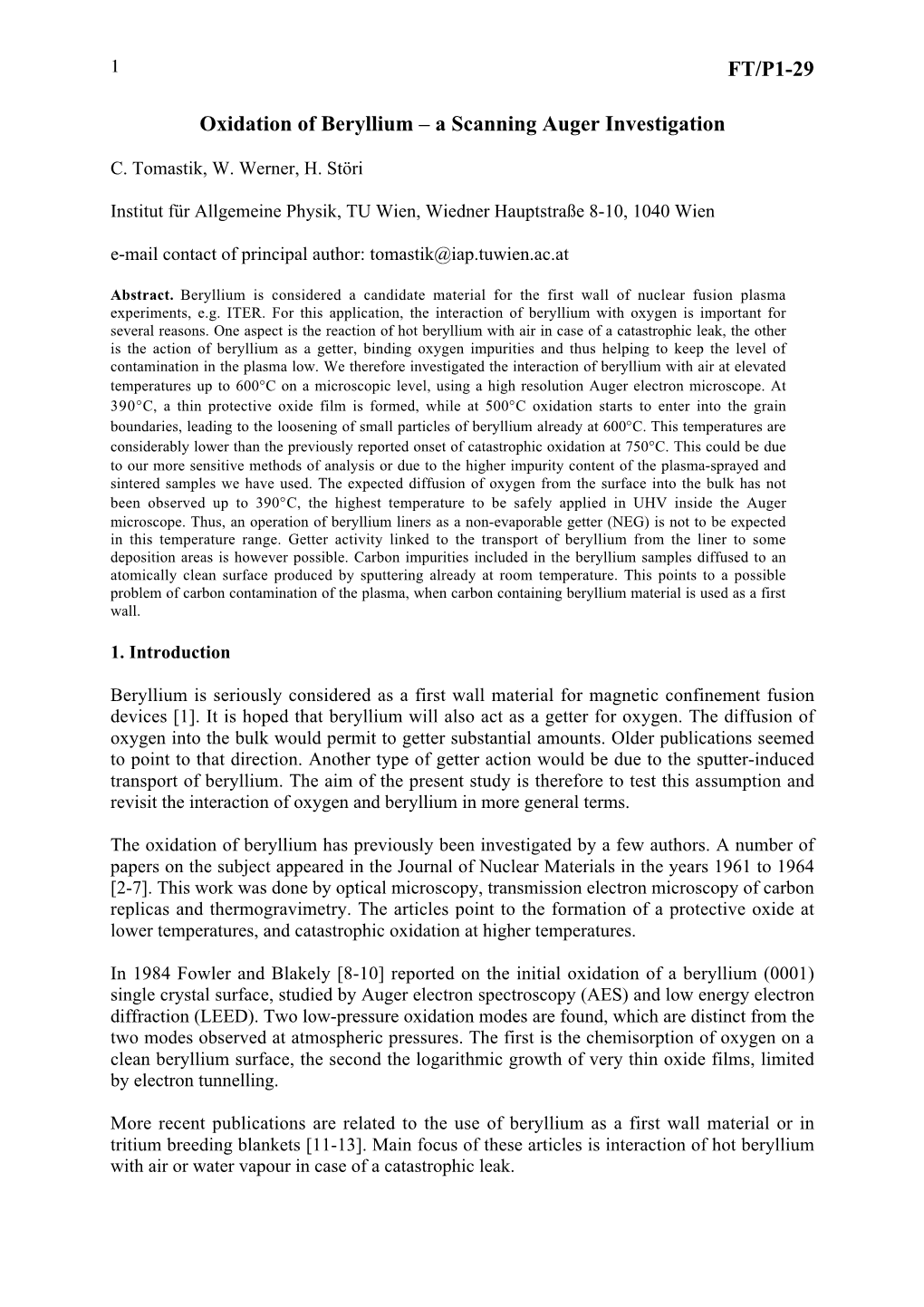 Oxidation of Beryllium – a Scanning Auger Investigation
