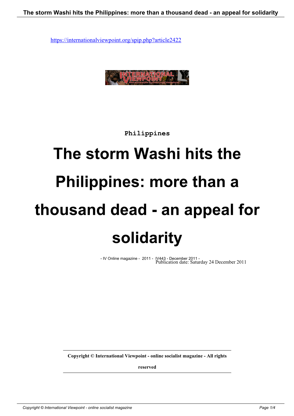 The Storm Washi Hits the Philippines: More Than a Thousand Dead - an Appeal for Solidarity