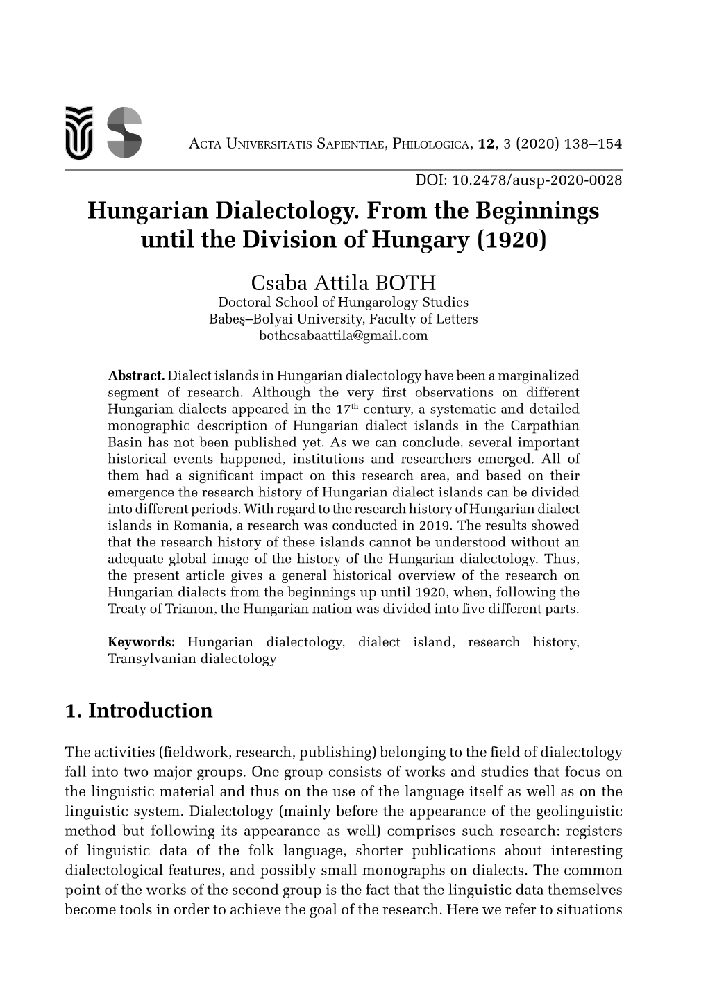 Hungarian Dialectology. from the Beginnings Until the Division of Hungary