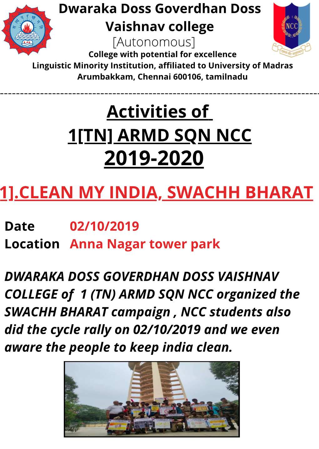Activities of 1[TN] ARMD SQN NCC 2019-2020 1].CLEAN MY INDIA, SWACHH BHARAT