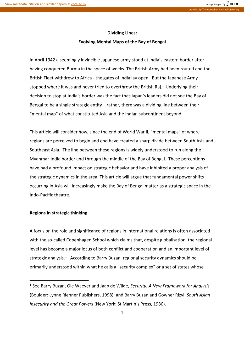 Dividing Lines: Evolving Mental Maps of the Bay of Bengal in April 1942 a Seemingly Invincible Japanese Army Stood at India's